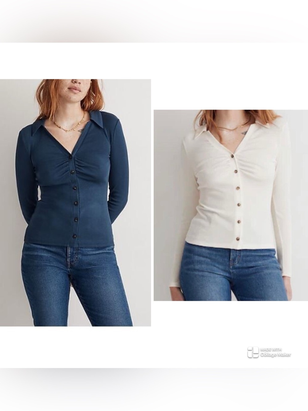 Madewell set of 2 ruched polo tops in navy and cream size medium
